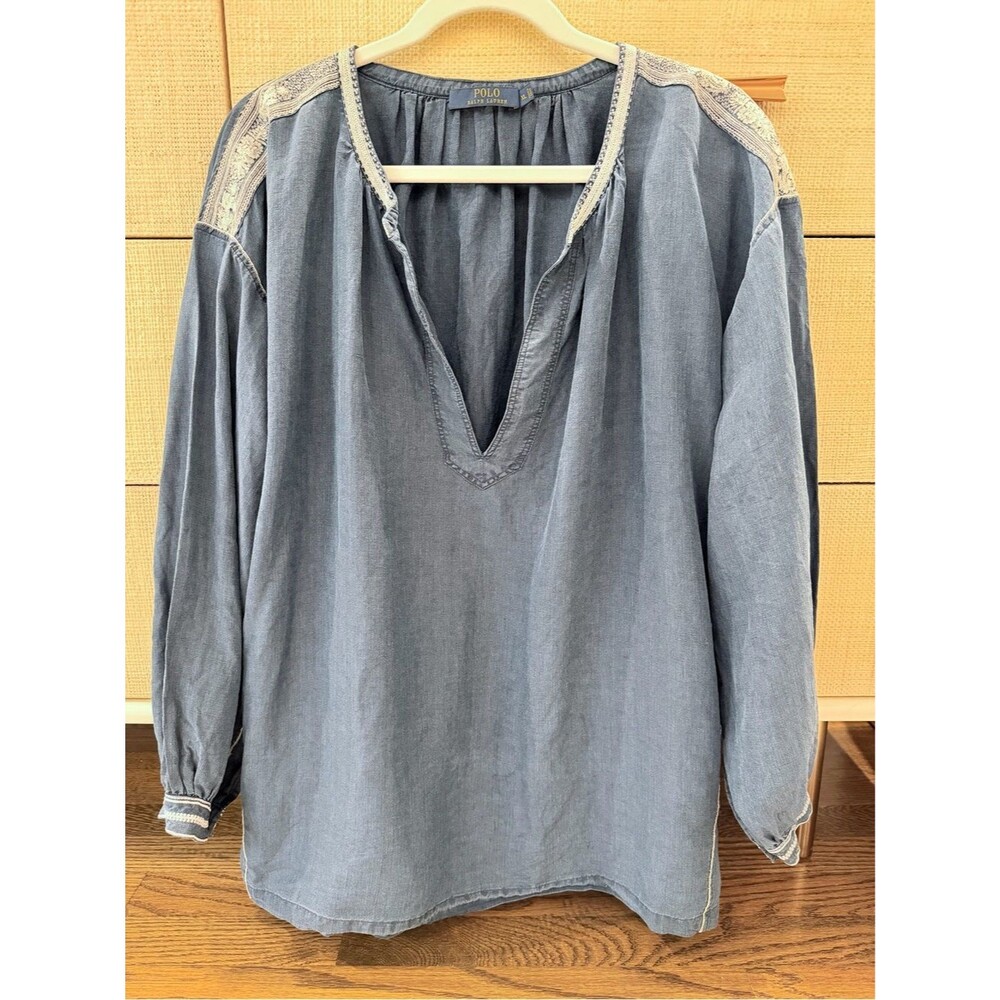 Polo Ralph Lauren women’s Linen Silk blue bohemian detailed top XL